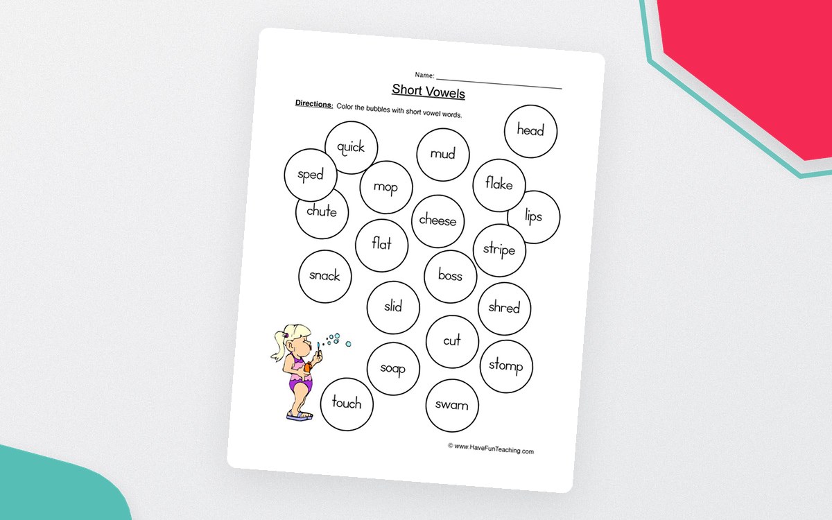 Short Vowels Coloring Worksheet preview: A one-page bubble-themed short-vowel activity