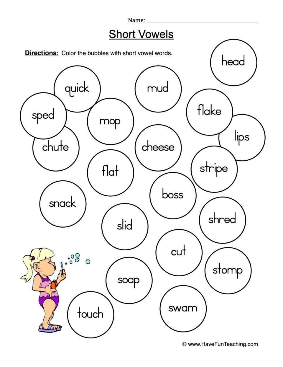 Short vowels: students color the bubbles holding short vowel words such as mud, flat and slid, skipping words like cheese