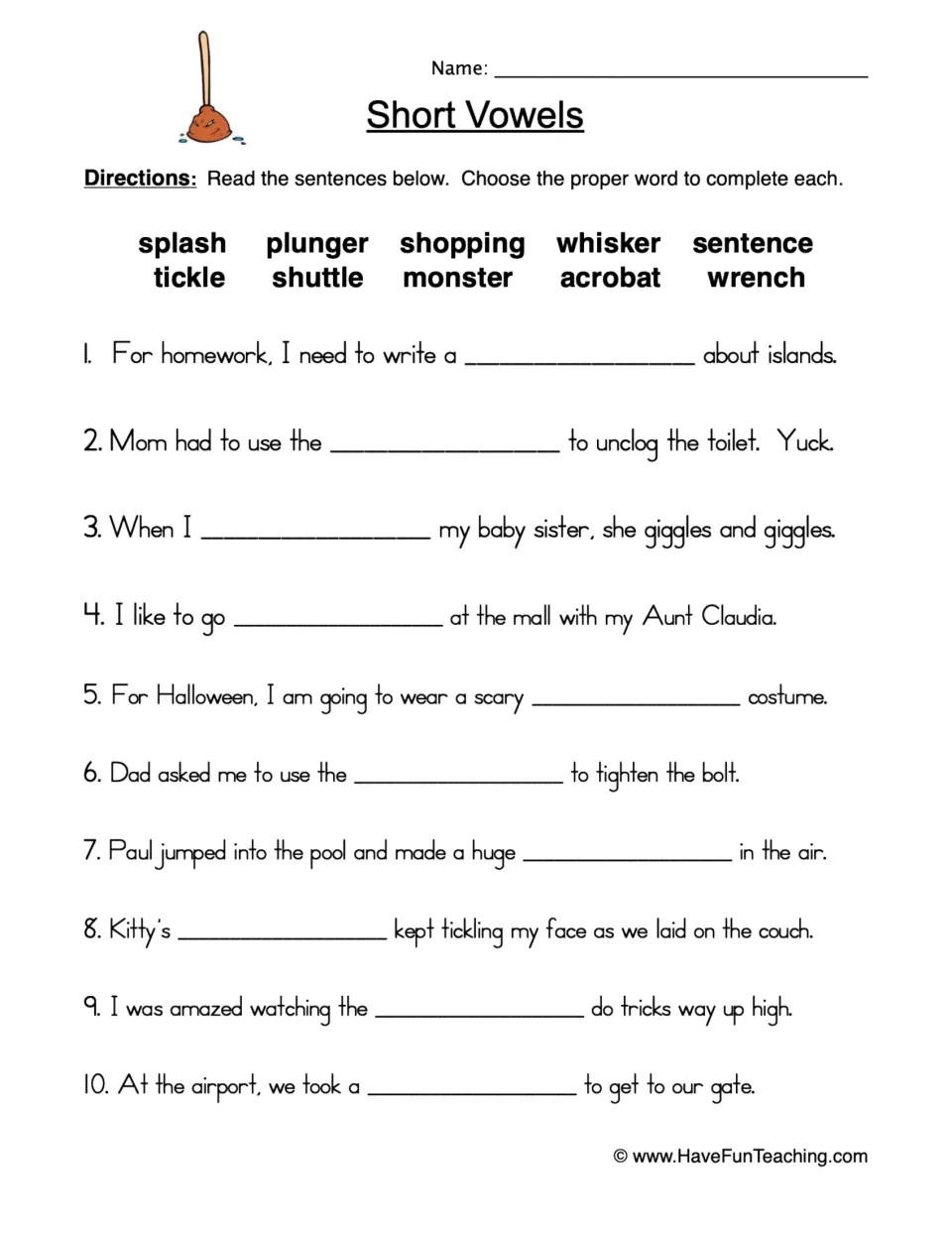 Short vowel sentence practice: 10 blanks using splash, plunger, shopping, whisker, sentence and five more words.