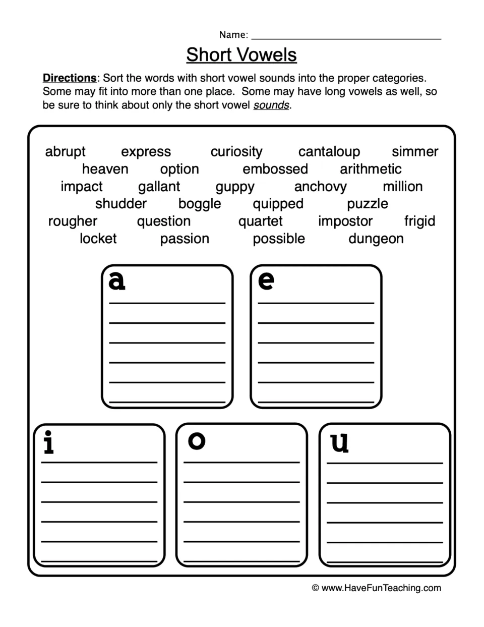 Short vowel sorting practice: 27 words, including abrupt, express, curiosity, and guppy, to sort by sound.