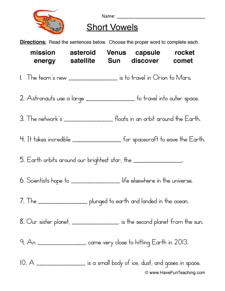 Short Vowels Space Worksheet teaching resource preview