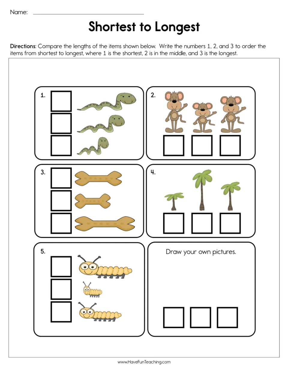 Ordering by length: students number snakes, monkeys, bones, palm trees and caterpillars 1 to 3, then draw their own set