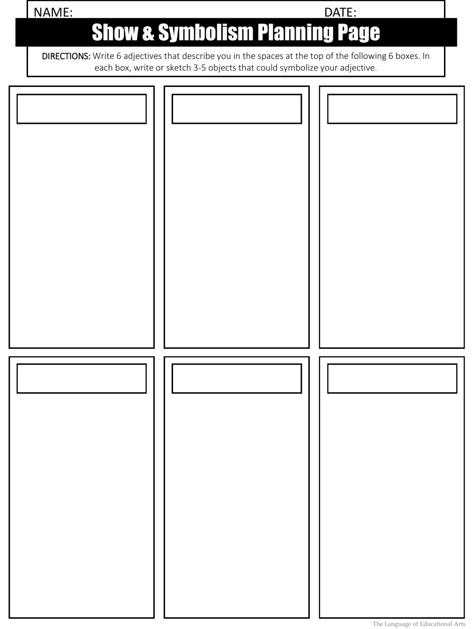 Symbolism planning page: students write 6 adjectives describing themselves and list or sketch 3-5 symbolic objects for each