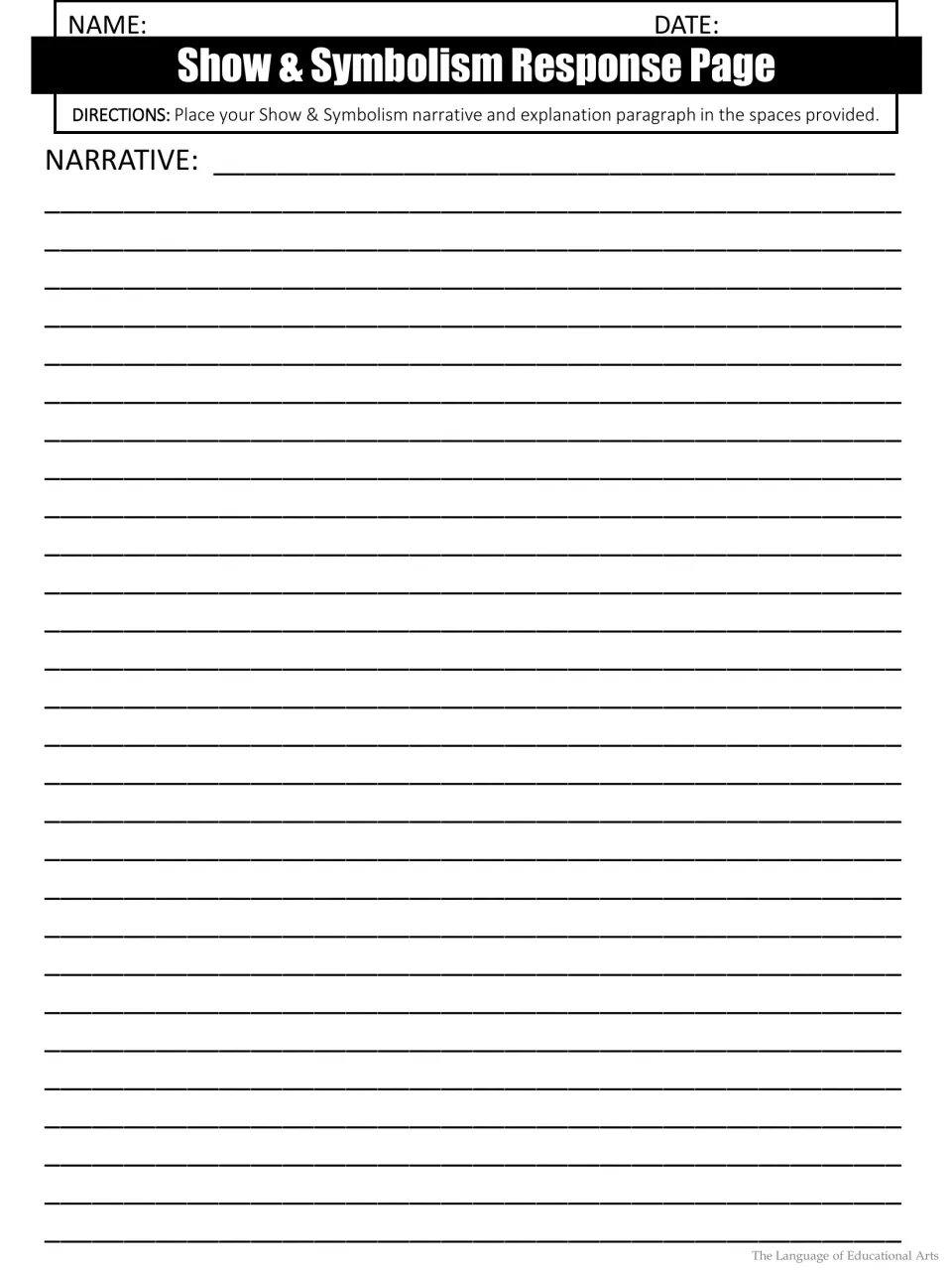 Narrative response page: students write the first part of their personal narrative featuring their symbolic object