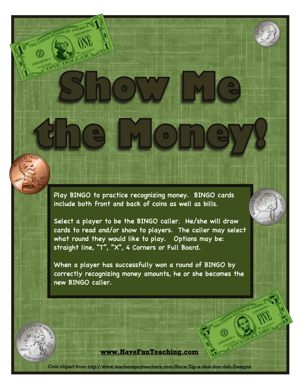 Show Me the Money! cover with BINGO rules: a caller shows coin and bill cards; rounds include line, T, X, 4 Corners