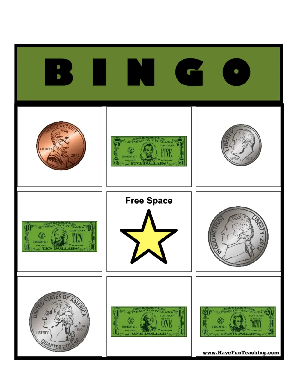 Money recognition BINGO card 1: students mark coin fronts and bills, starting with penny, $5 bill and dime in the top row
