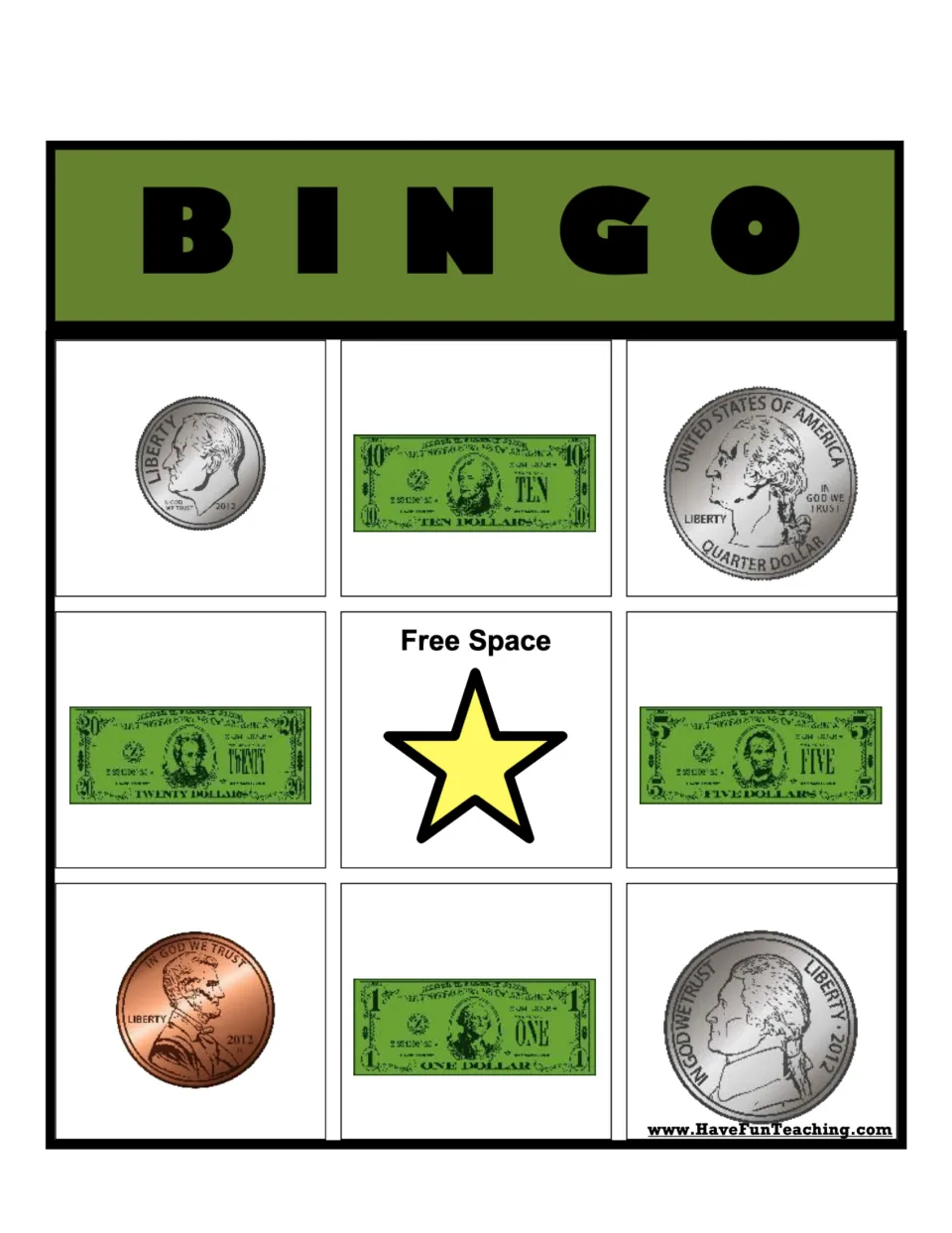 Money recognition BINGO card 2: students find coin fronts and bills, with dime, $10 bill and quarter across the top row