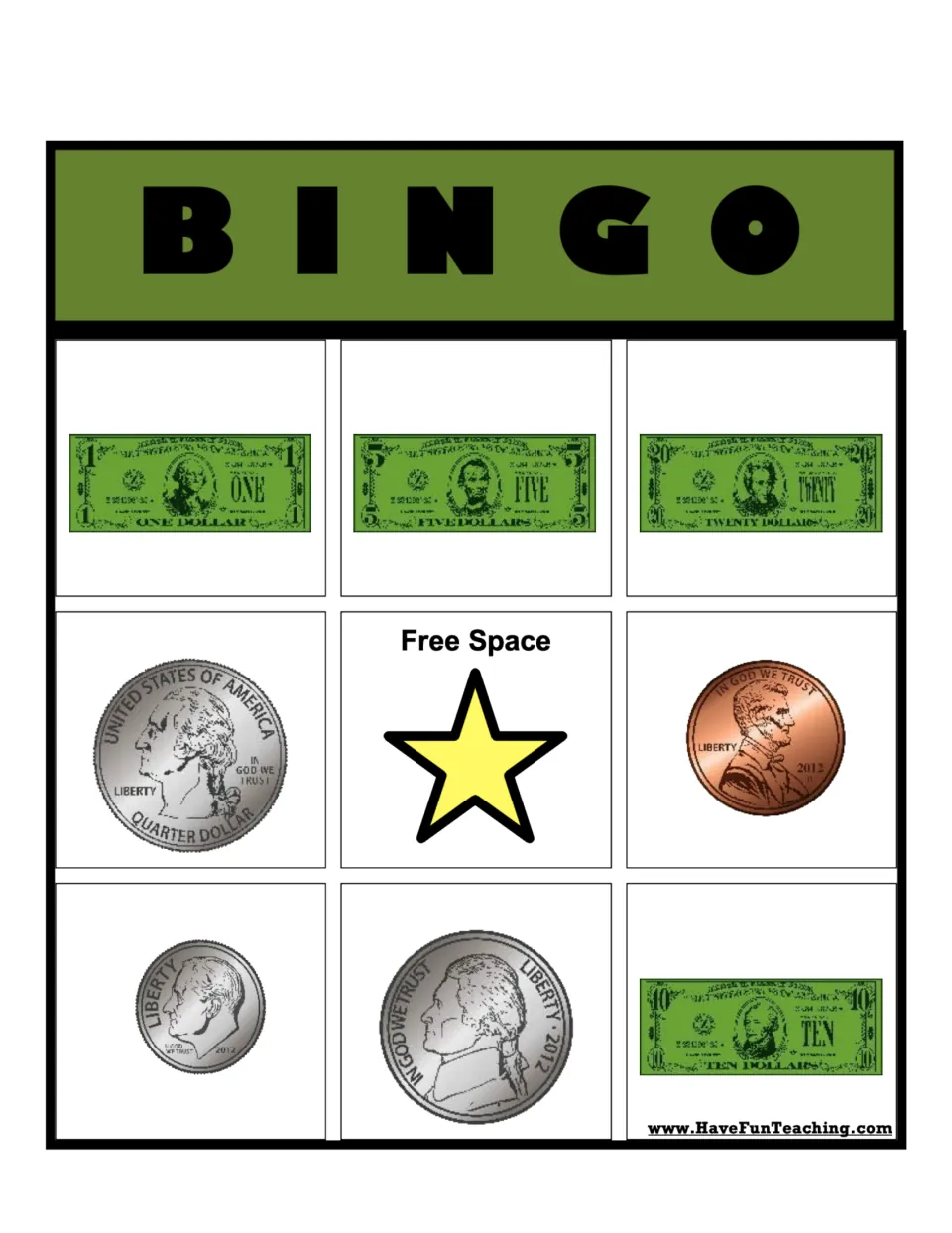 Money recognition BINGO card 4: students match called money, with $1, $5 and $20 bills in the top row and coin fronts below