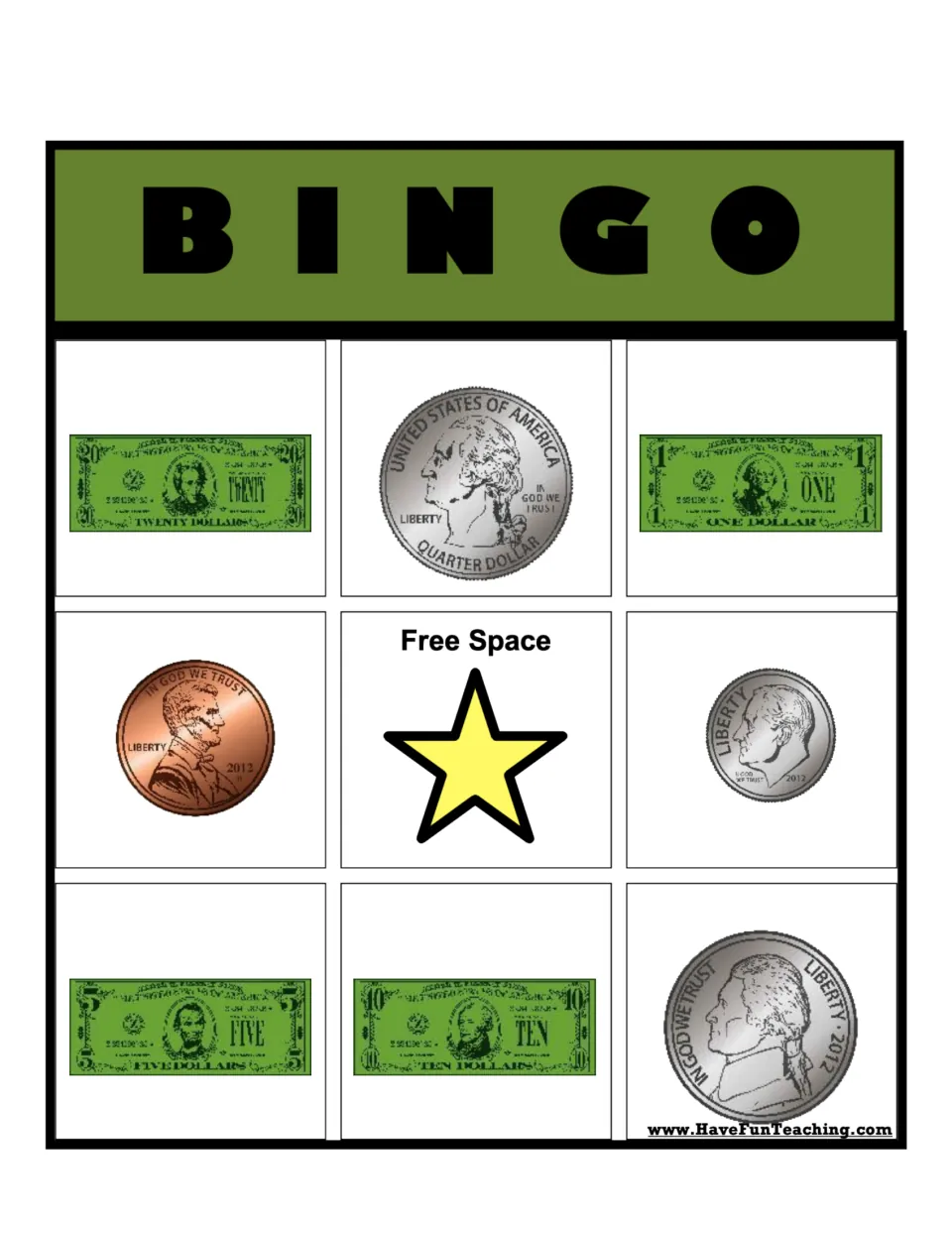Money recognition BINGO card 5: students mark coin fronts and bills, starting with $20 bill, quarter and $1 bill on top
