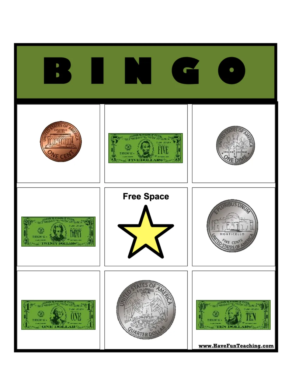 Coin backs BINGO card 1: students recognize the reverse of the penny, dime, nickel and quarter alongside $1 to $20 bills