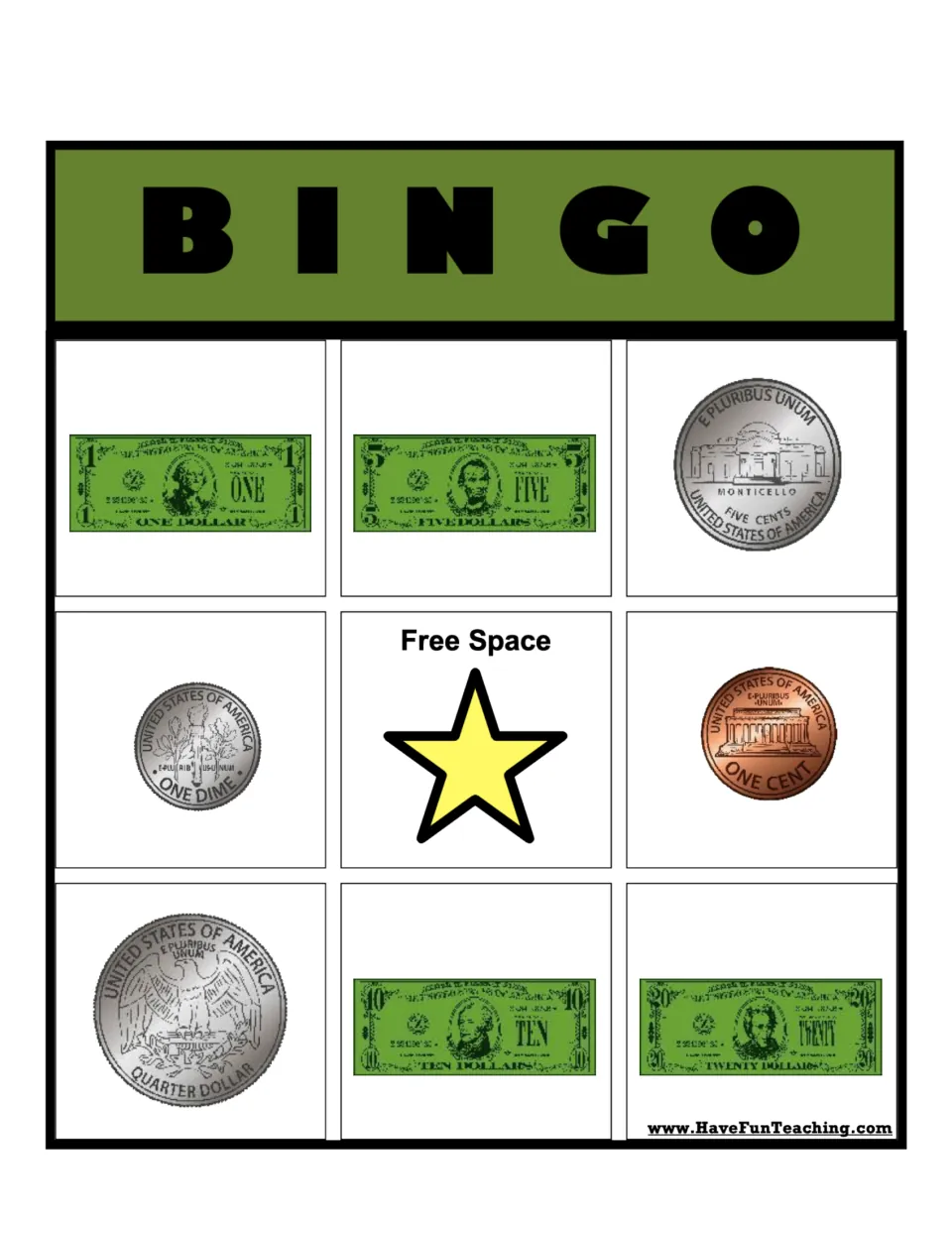 Coin backs BINGO card 2: students spot Monticello nickel, torch dime and eagle quarter, with $1 and $5 bills on top