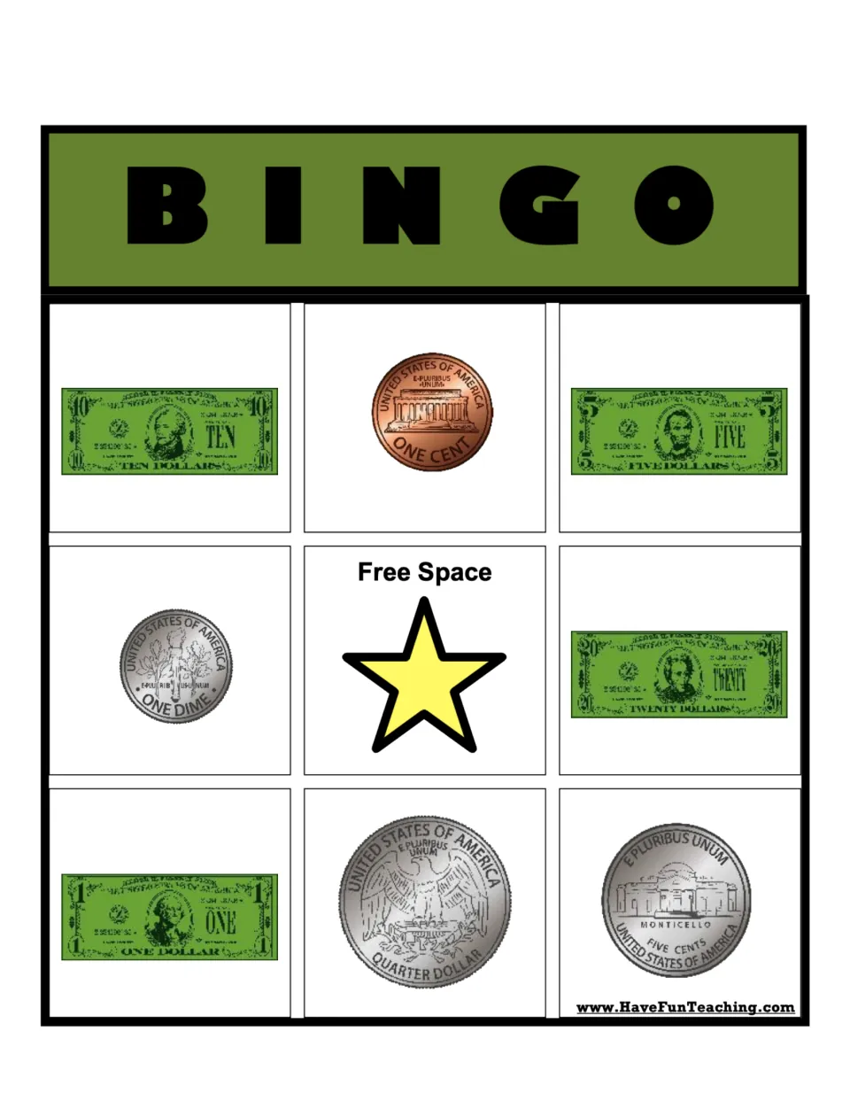 Coin backs BINGO card 3: students identify reverse-side coins and bills, starting with $10 bill, penny and $5 bill on top