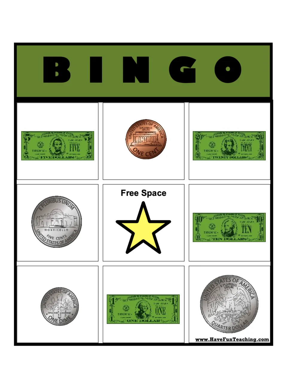 Coin backs BINGO card 4: students mark reverse-side coins and bills, beginning with $5 bill, One Cent penny and $20 bill
