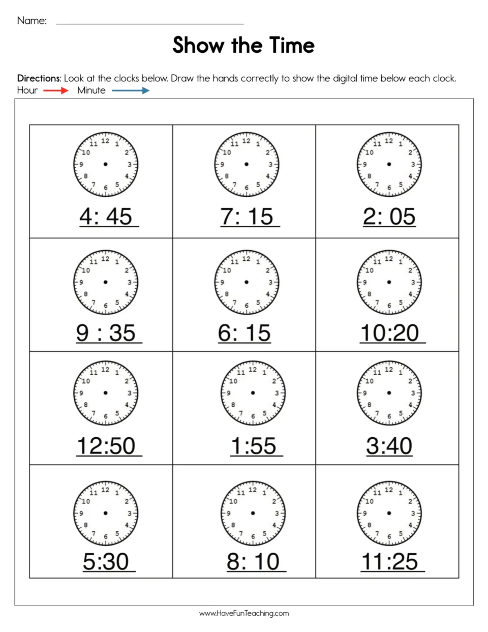 Telling time to the five minutes: students draw hour and minute hands on 12 blank clocks to match digital times