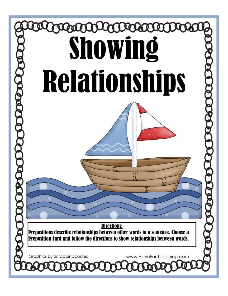 Showing Relationships cover: sailboat on waves and directions to pick a Preposition Card and show how words relate