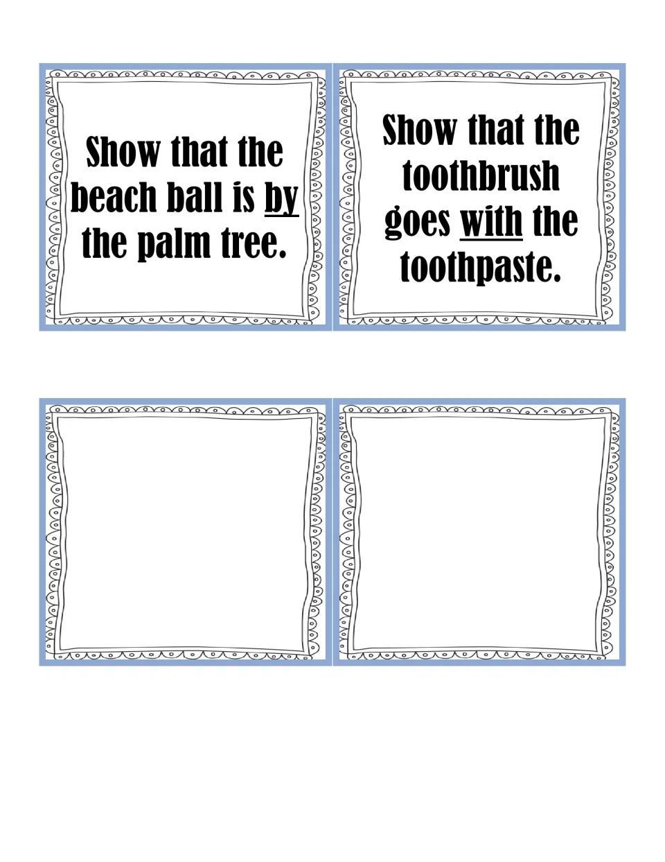 Preposition cards for by and with: beach ball by the palm tree, toothbrush with toothpaste, plus two blank cards