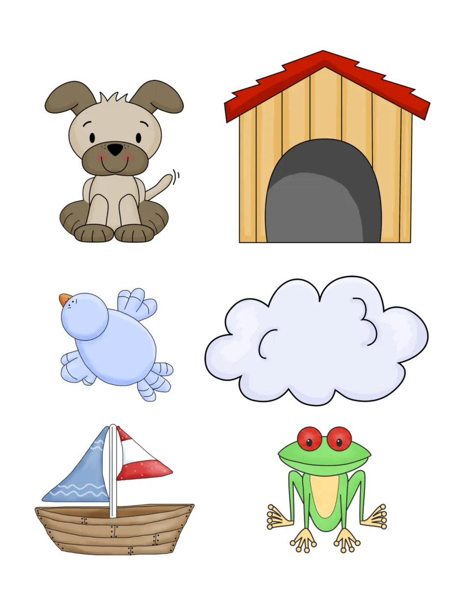 Picture cut-outs for the cards: a puppy, dog house, blue bird, cloud, sailboat and green frog to move into position