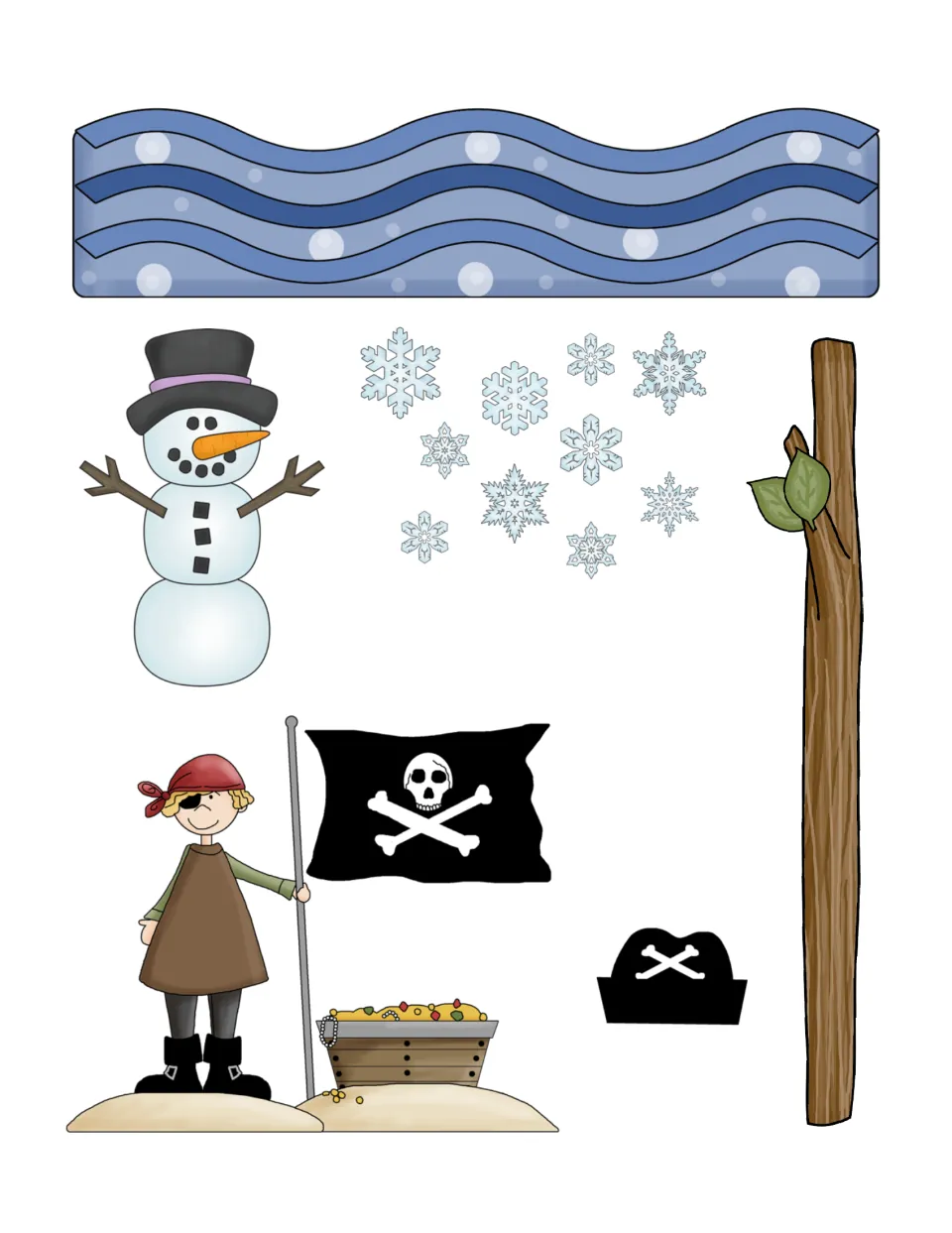 Picture cut-outs of water waves, a snowman, snowflakes, a tree branch, a pirate with flag and treasure, and a pirate hat