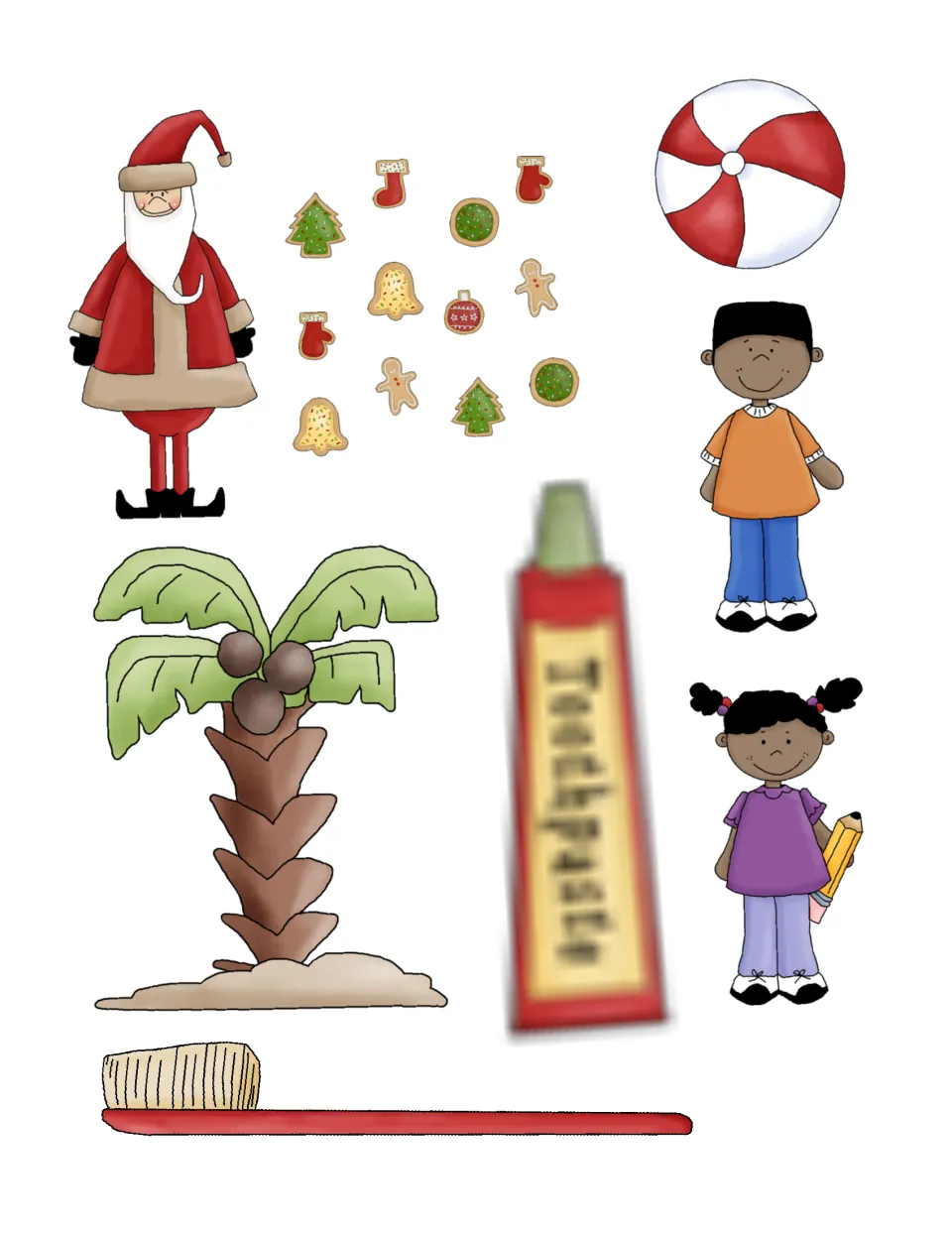Picture cut-outs of Santa, holiday cookies, a beach ball, a boy, a girl, a palm tree, a toothpaste tube and a toothbrush