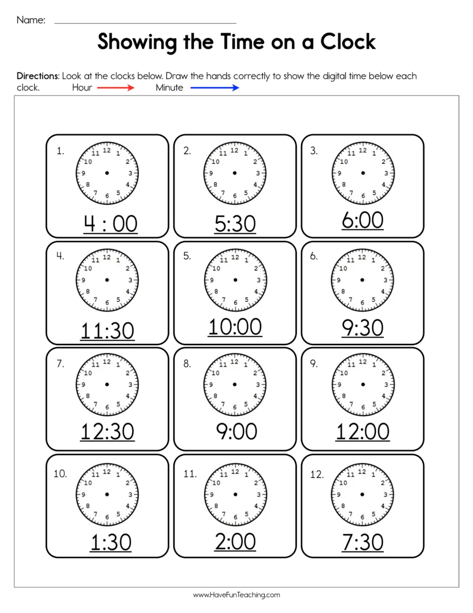 Telling time to the hour and half hour: students draw hour and minute hands on 12 blank clocks to match times like 5:30