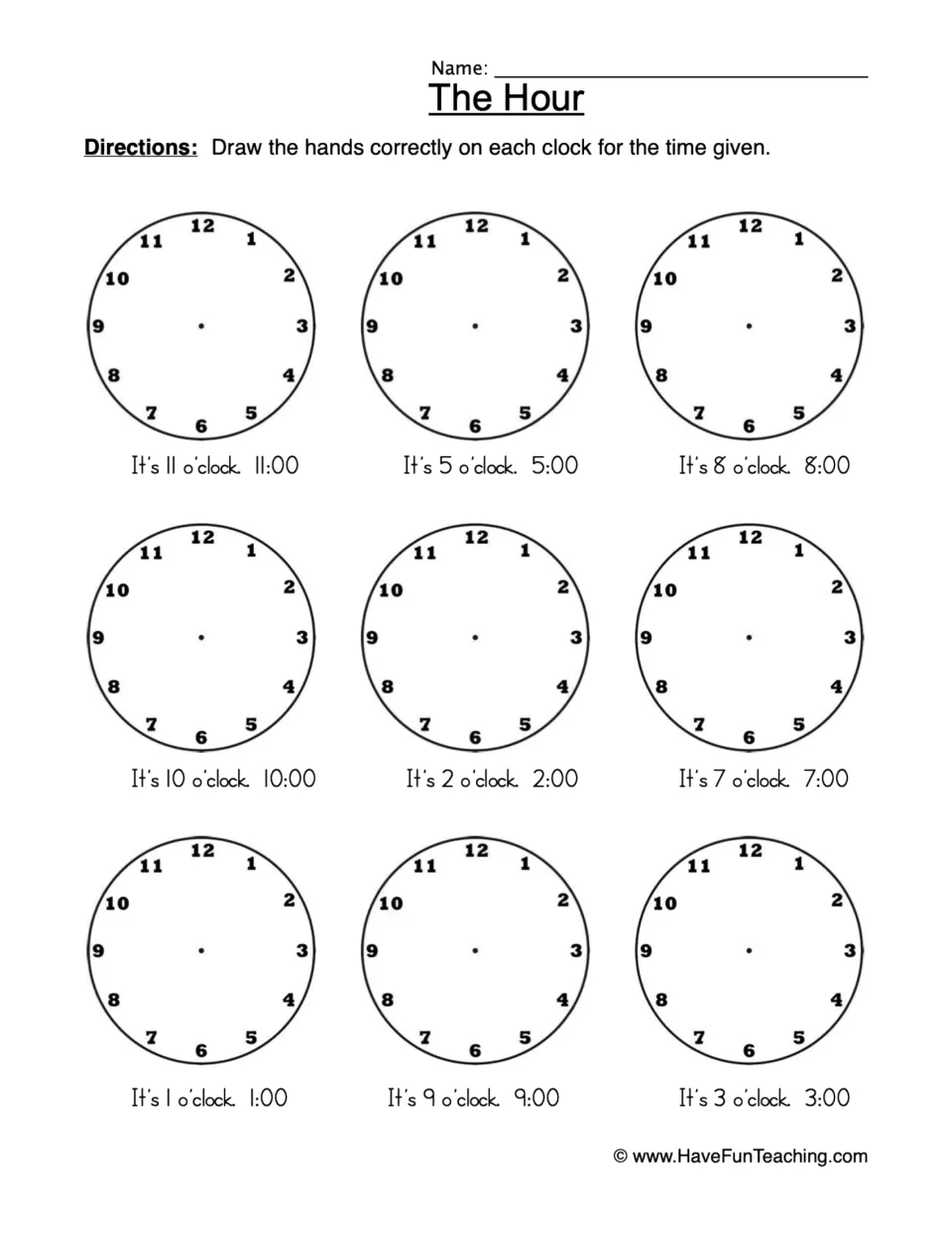 Hour-telling practice: draw hands on nine clocks for 11:00, 5:00, 8:00, 10:00, 2:00, 7:00, 1:00, 9:00 and 3:00.