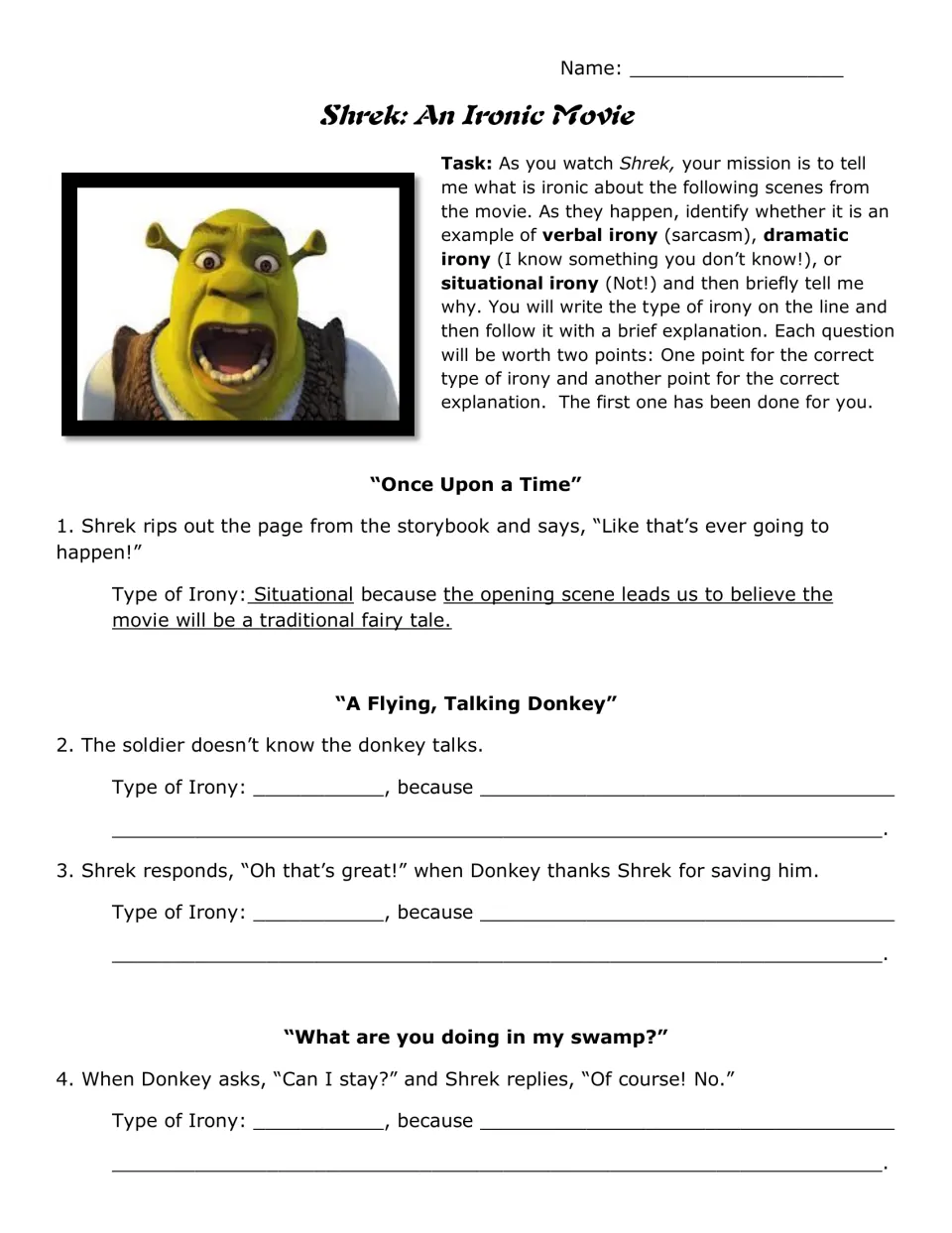 Irony in Shrek: students label movie scenes as verbal, dramatic or situational irony and explain why, first item modelled