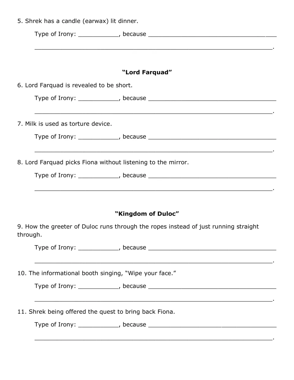 Shrek irony items 5-11: students name the irony type in Lord Farquad and Duloc scenes and explain each answer