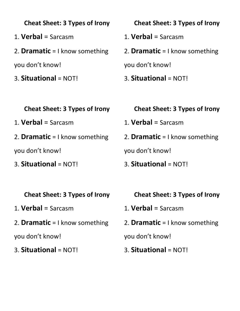 Cheat sheet cards for 3 types of irony: verbal = sarcasm, dramatic = I know something you don't, situational = NOT!