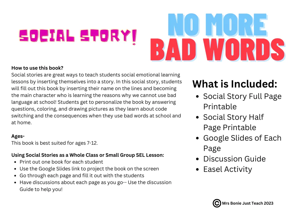 Social story introduction explains personalization for ages 7–12 and lists print, slide, and activity formats