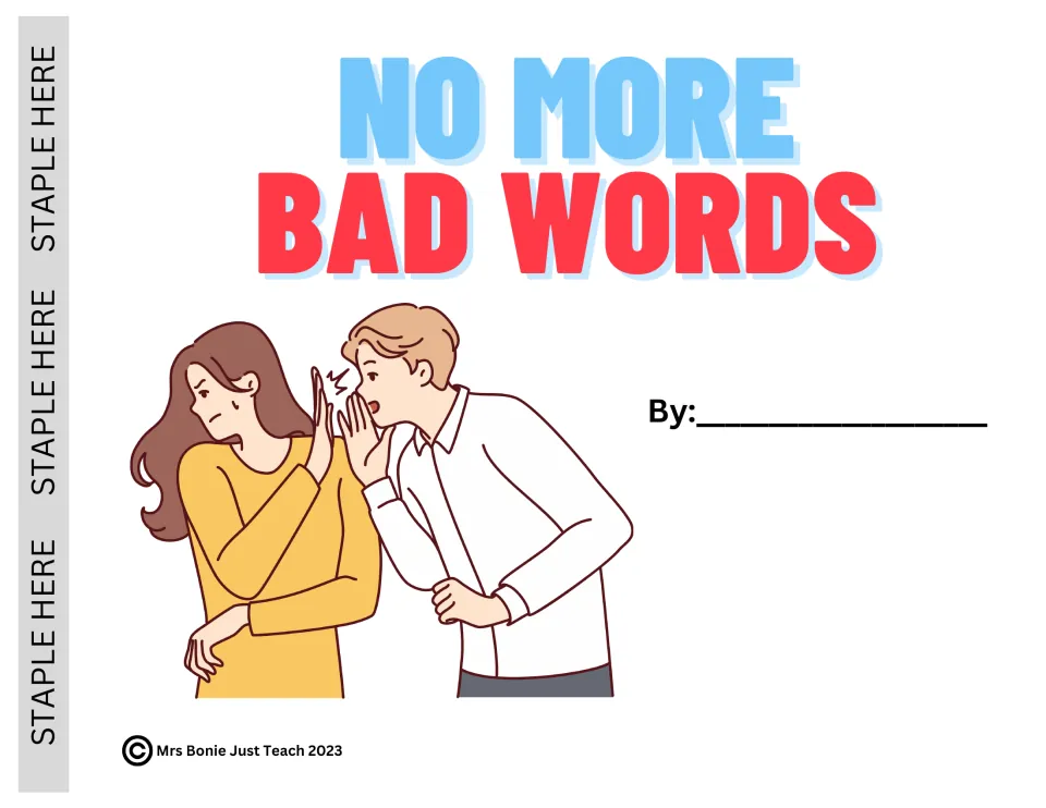 Social story cover titled “No More Bad Words” has a student author prompt and a person reacting to whispered words