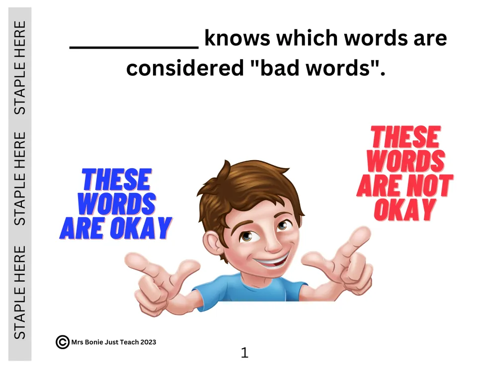 Social story page 1 introduces recognizing bad words, contrasting “These words are okay” with words that are not