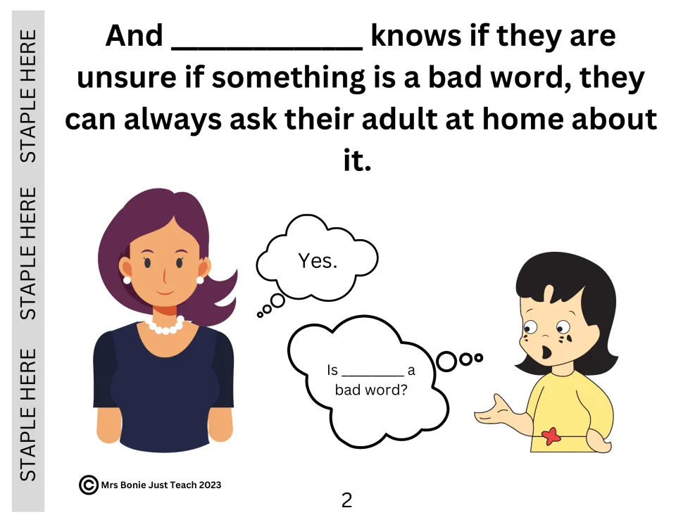Social story page 2 says students can ask their adult at home when unsure whether something is a bad word