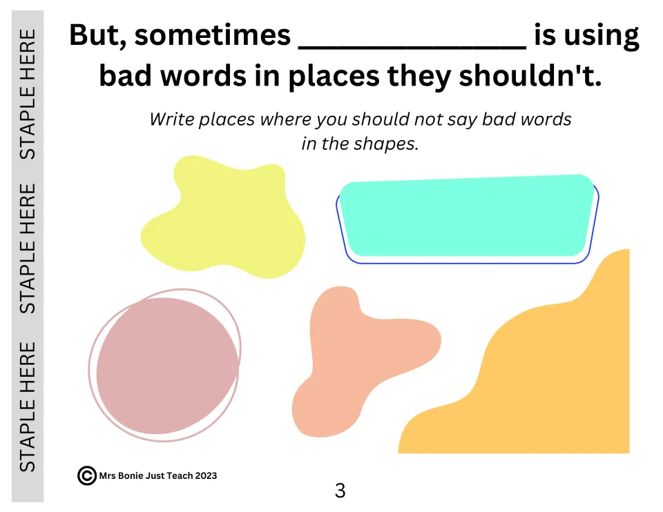 Social story page 3 asks students to write places where they should not say bad words after a personalized sentence