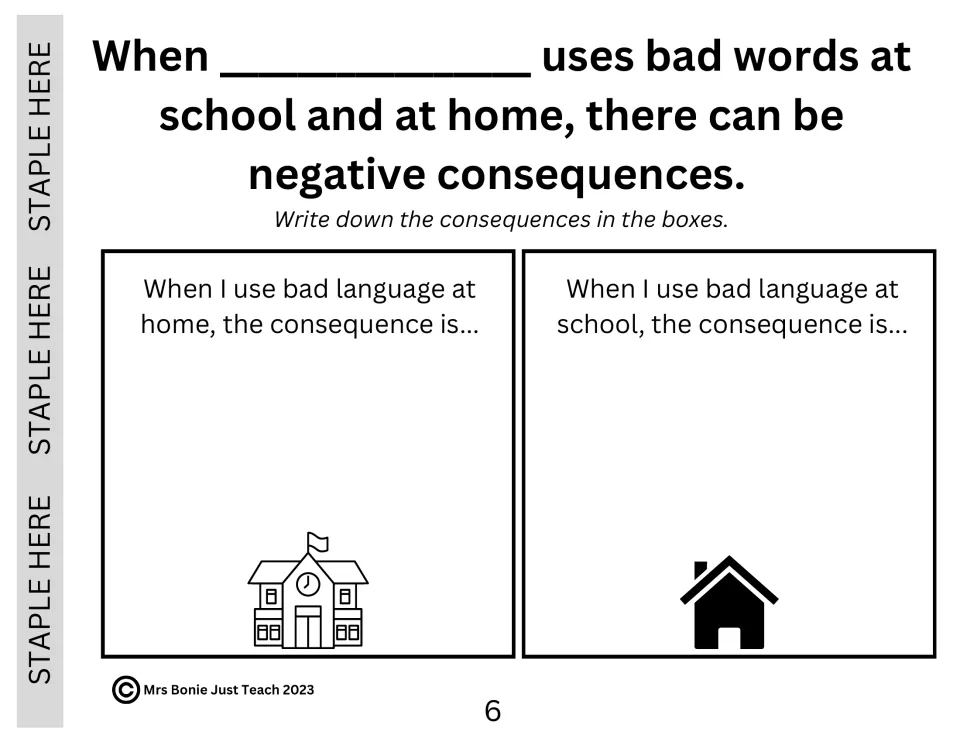Social story page 6 asks students to write the consequences of using bad language at home and at school