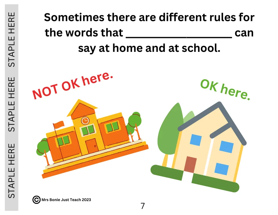 Social story page 7 explains that rules for words can differ at home and school, with each setting illustrated