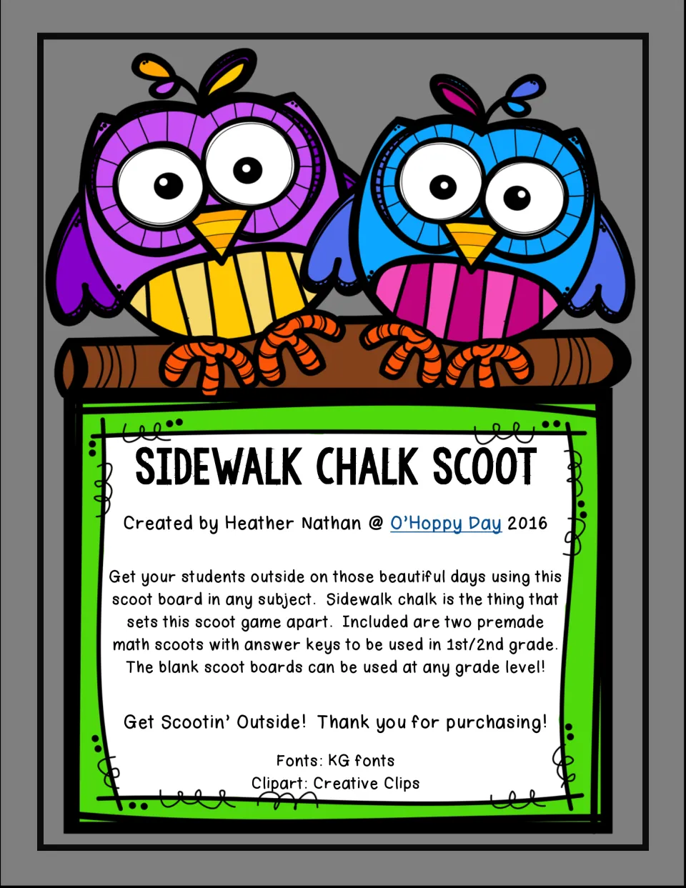 Cover introducing two outdoor math scoots with answer keys for grades 1–2 and blank boards for any grade
