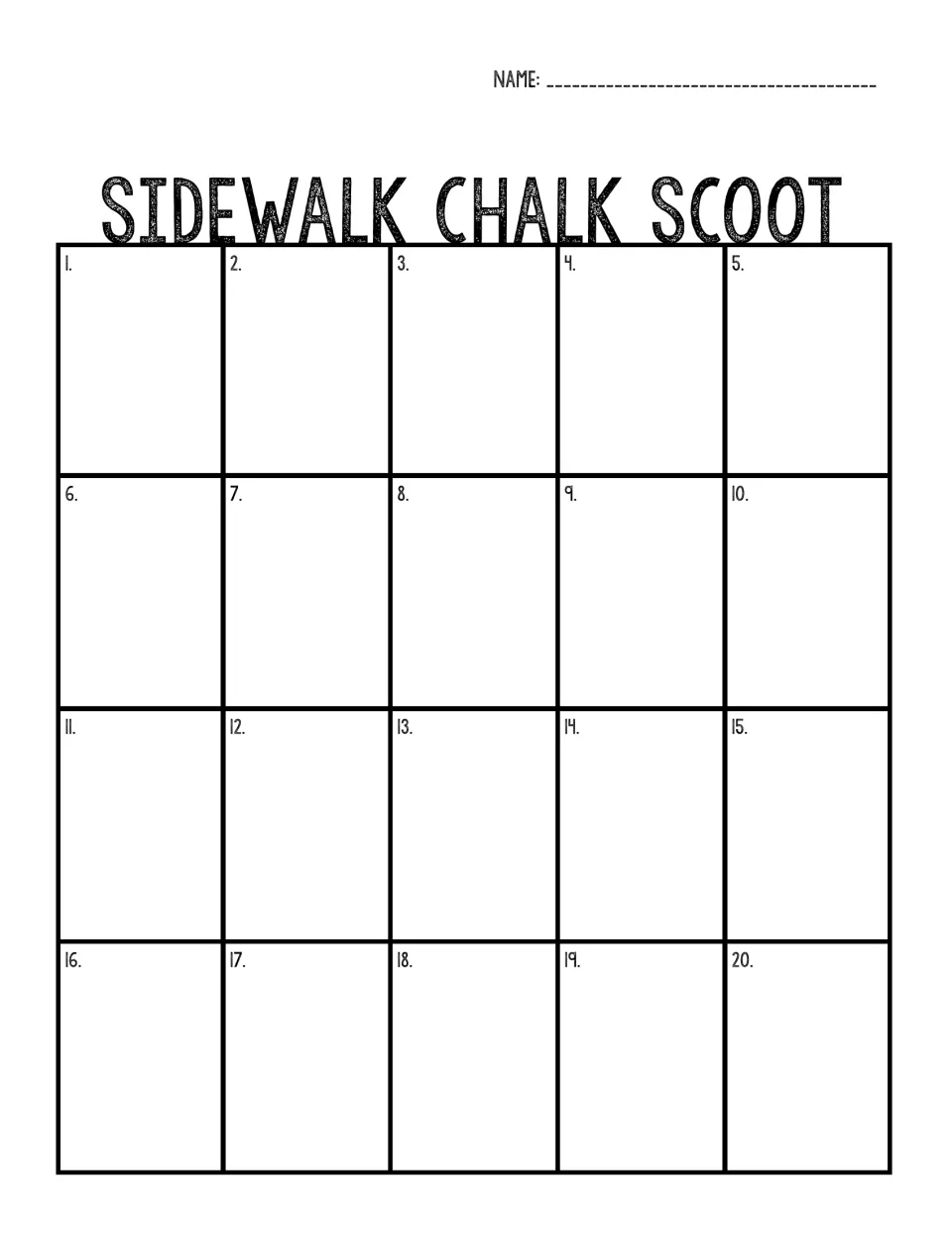 Blank recording board for the 20-item math scoot, with numbered answer spaces 1–20 and a name field