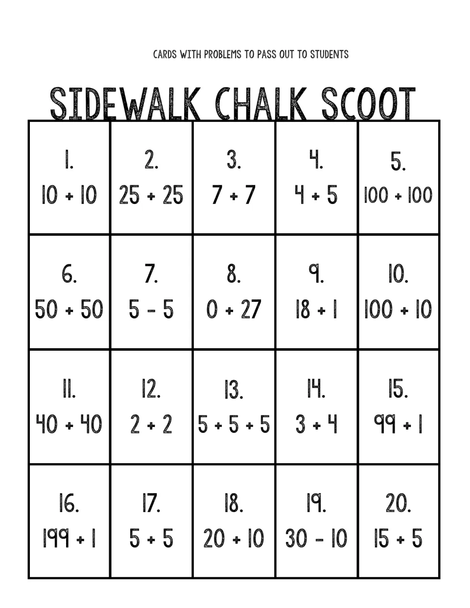 Math scoot problem cards 1–20: addition and subtraction including 10 + 10, 5 − 5, 199 + 1, and 30 − 10