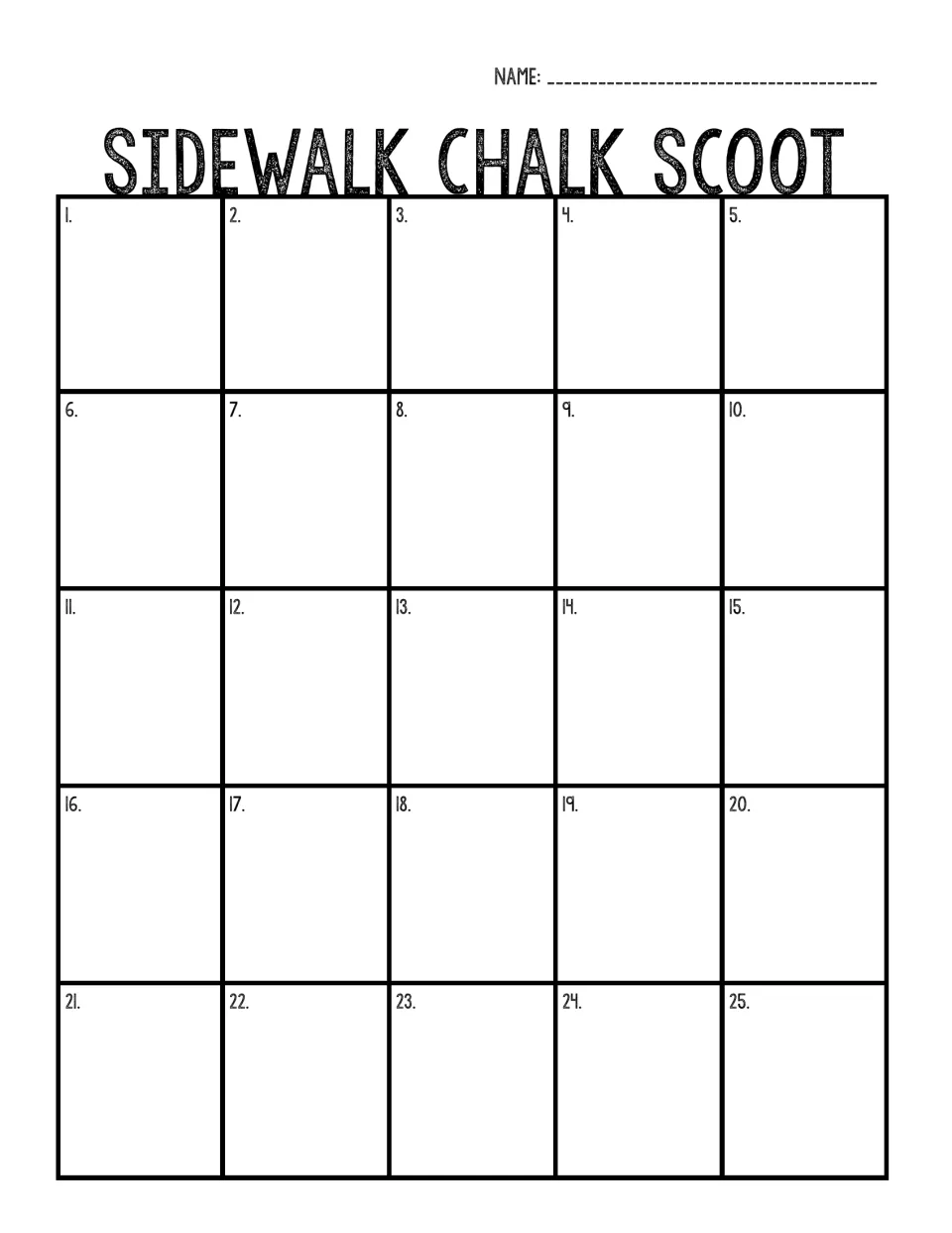 Blank recording board for the 25-item math scoot, with numbered answer spaces 1–25 and a name field