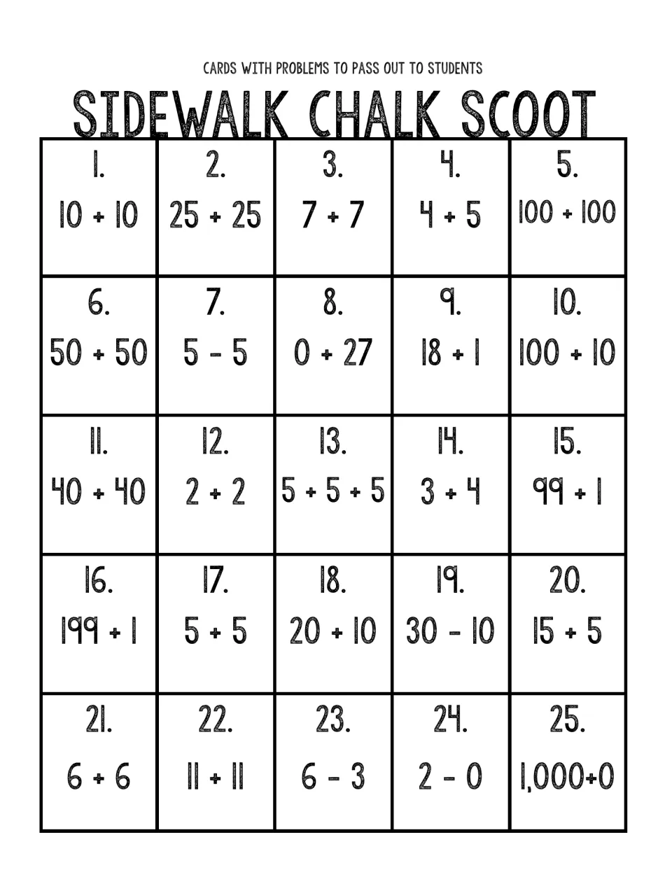 Math scoot problem cards 1–25, repeating problems 1–20 and adding 6 + 6, 11 + 11, 6 − 3, 2 − 0, and 1,000 + 0