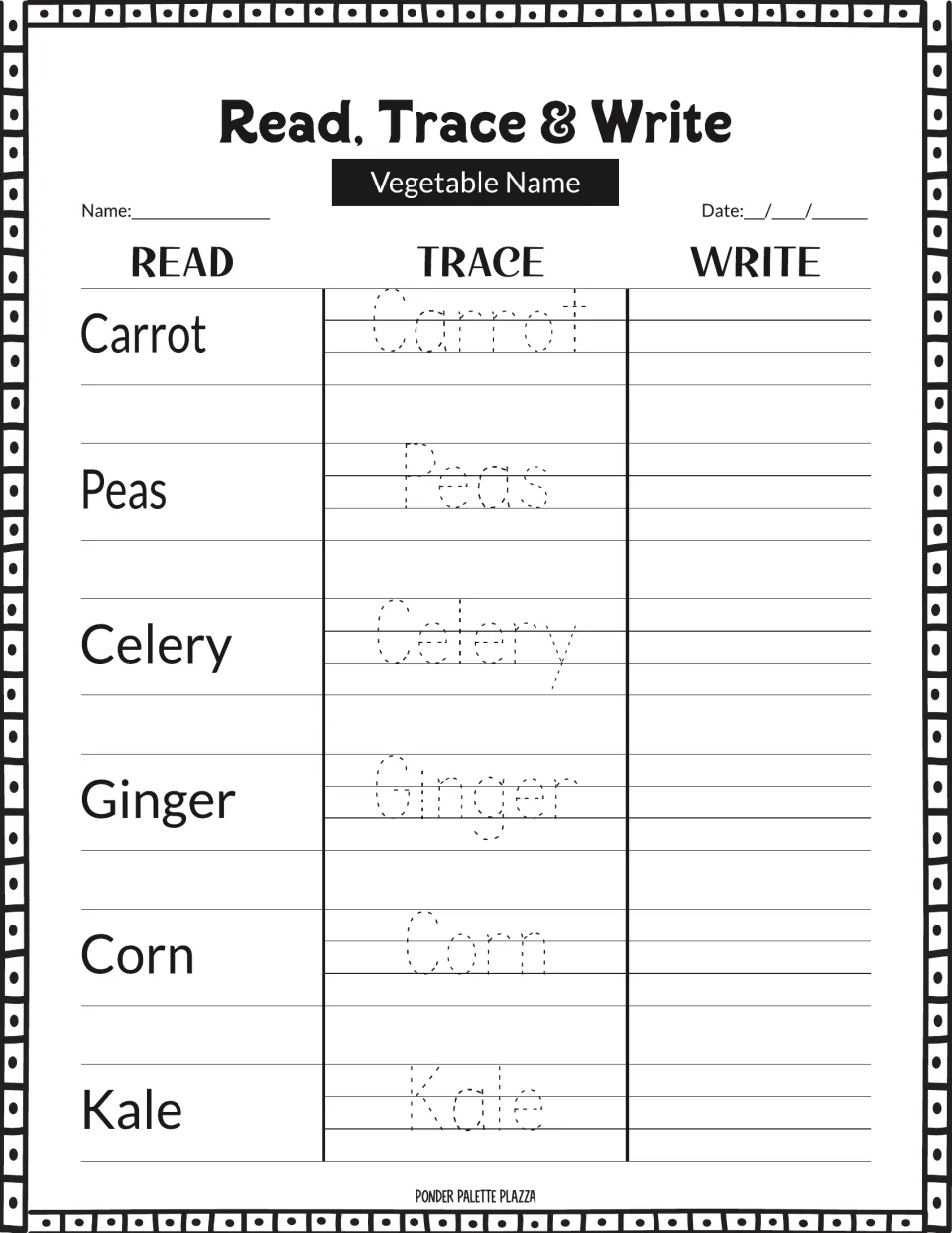 Vegetable name handwriting: students read, trace and write Carrot, Peas, Celery, Ginger, Corn and Kale