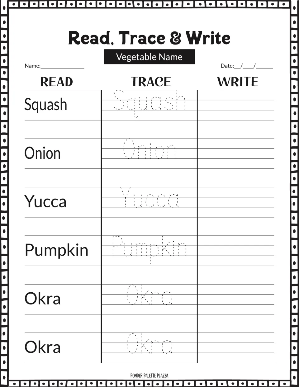 Vegetable name handwriting: students read, trace and write Squash, Onion, Yucca, Pumpkin and Okra