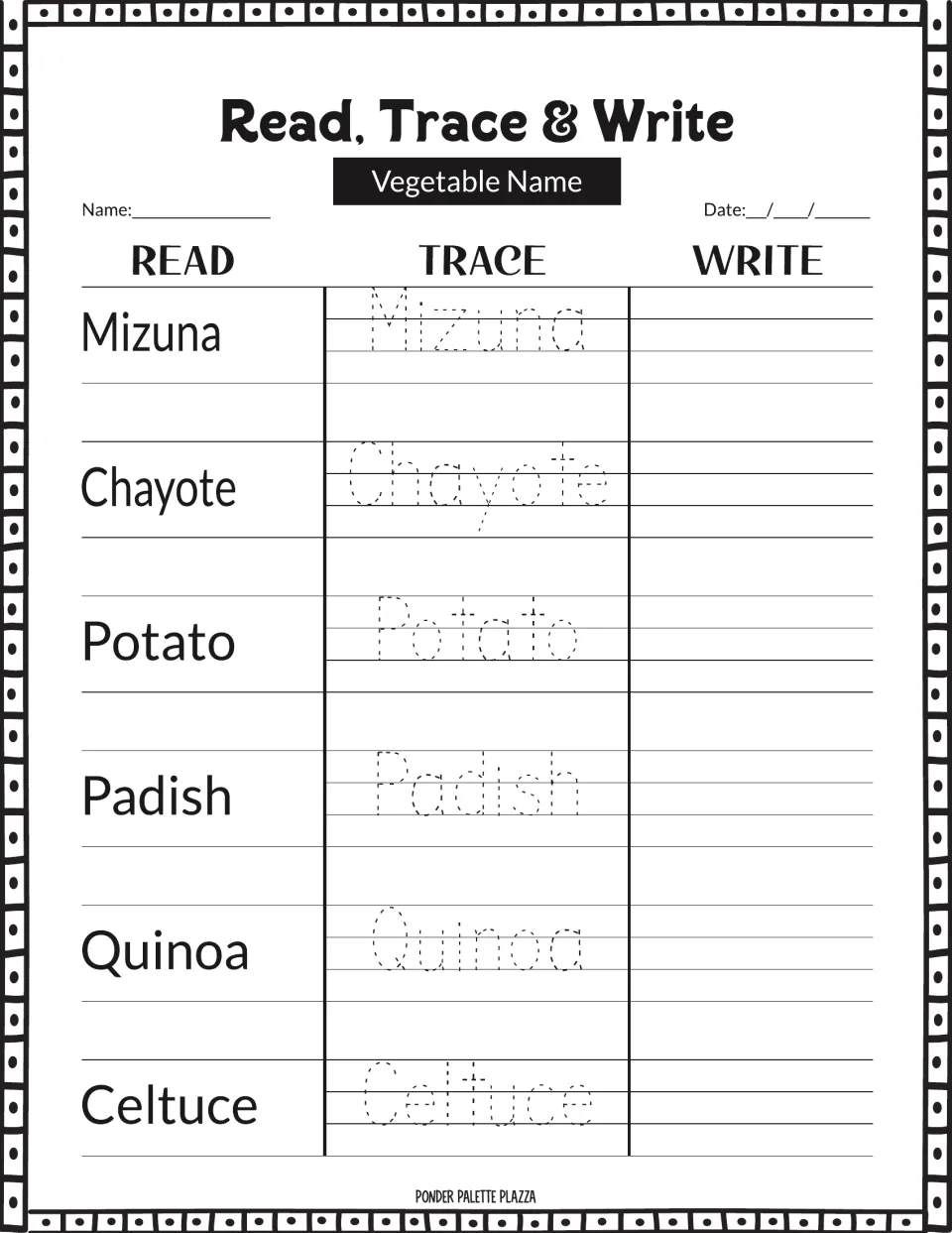 Vegetable name handwriting: students read, trace and write Mizuna, Chayote, Potato, Padish, Quinoa, Celtuce