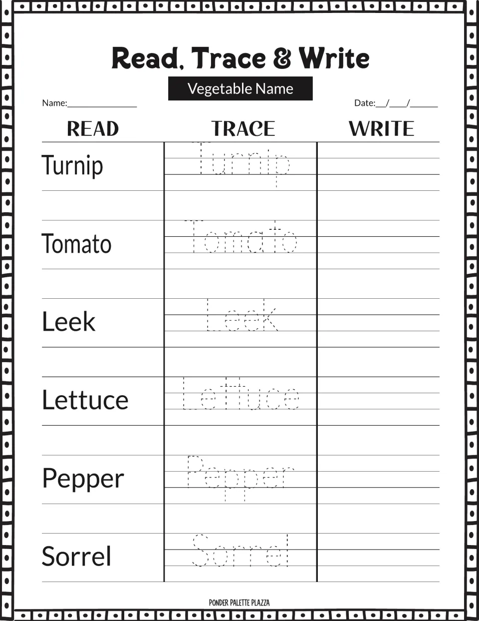 Vegetable name handwriting: students read, trace and write Turnip, Tomato, Leek, Lettuce, Pepper and Sorrel