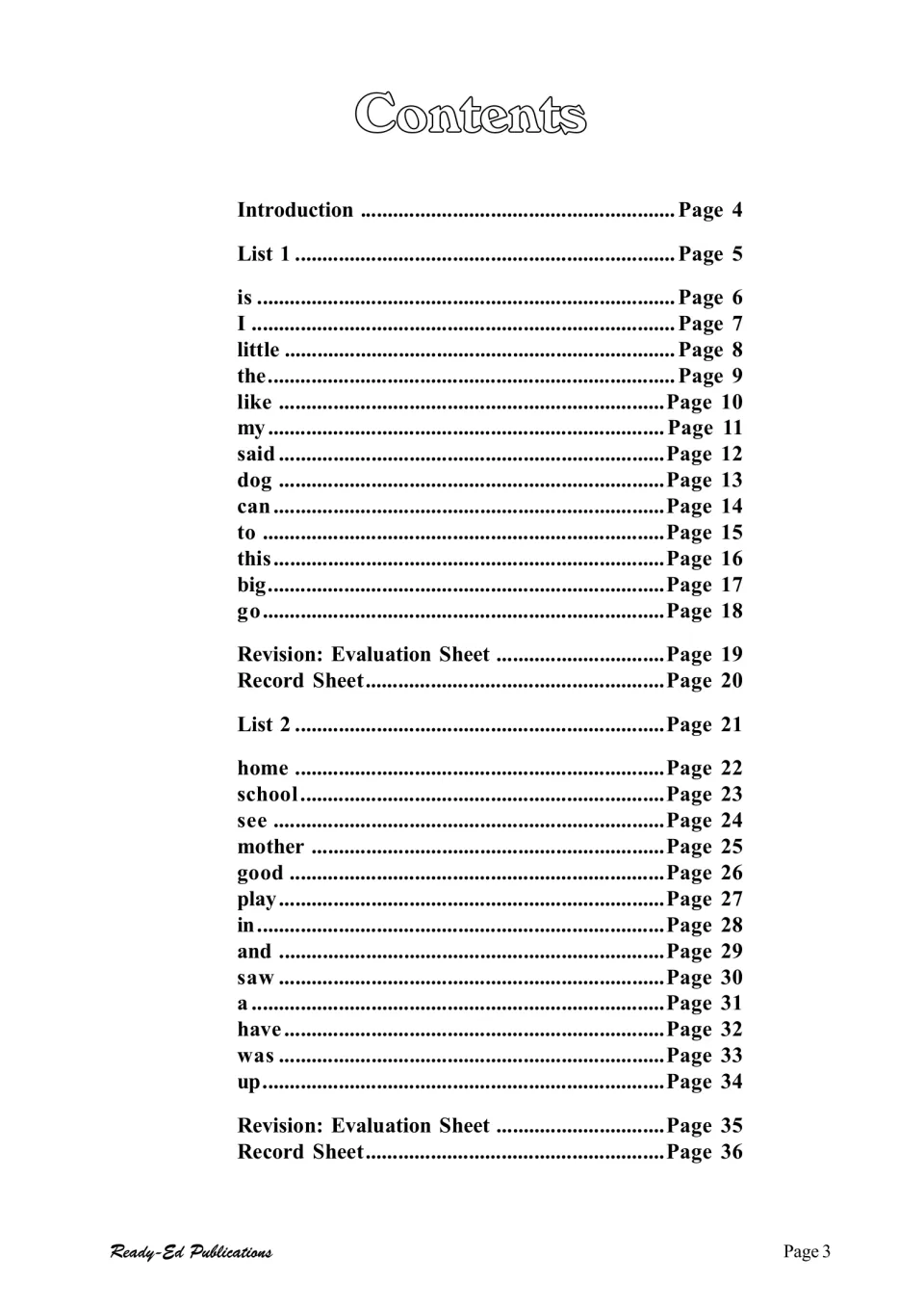 Contents listing the introduction, List 1 and List 2 sight words by page, each list ending in evaluation and record sheets