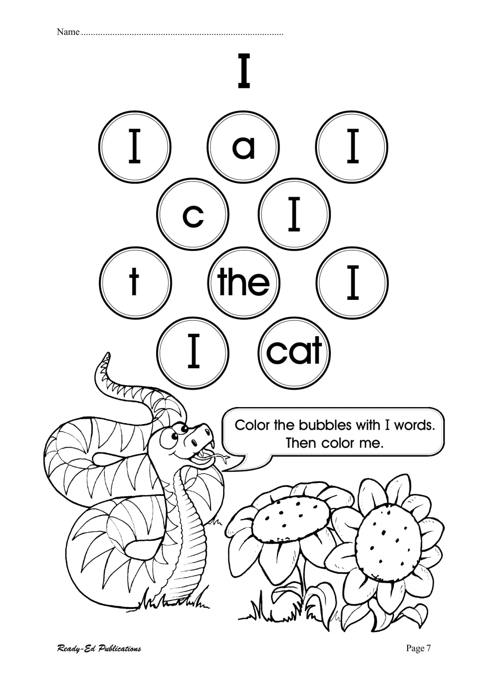 Sight word I: students color the bubbles holding I and skip those with a, c, t, the and cat, then color the snake
