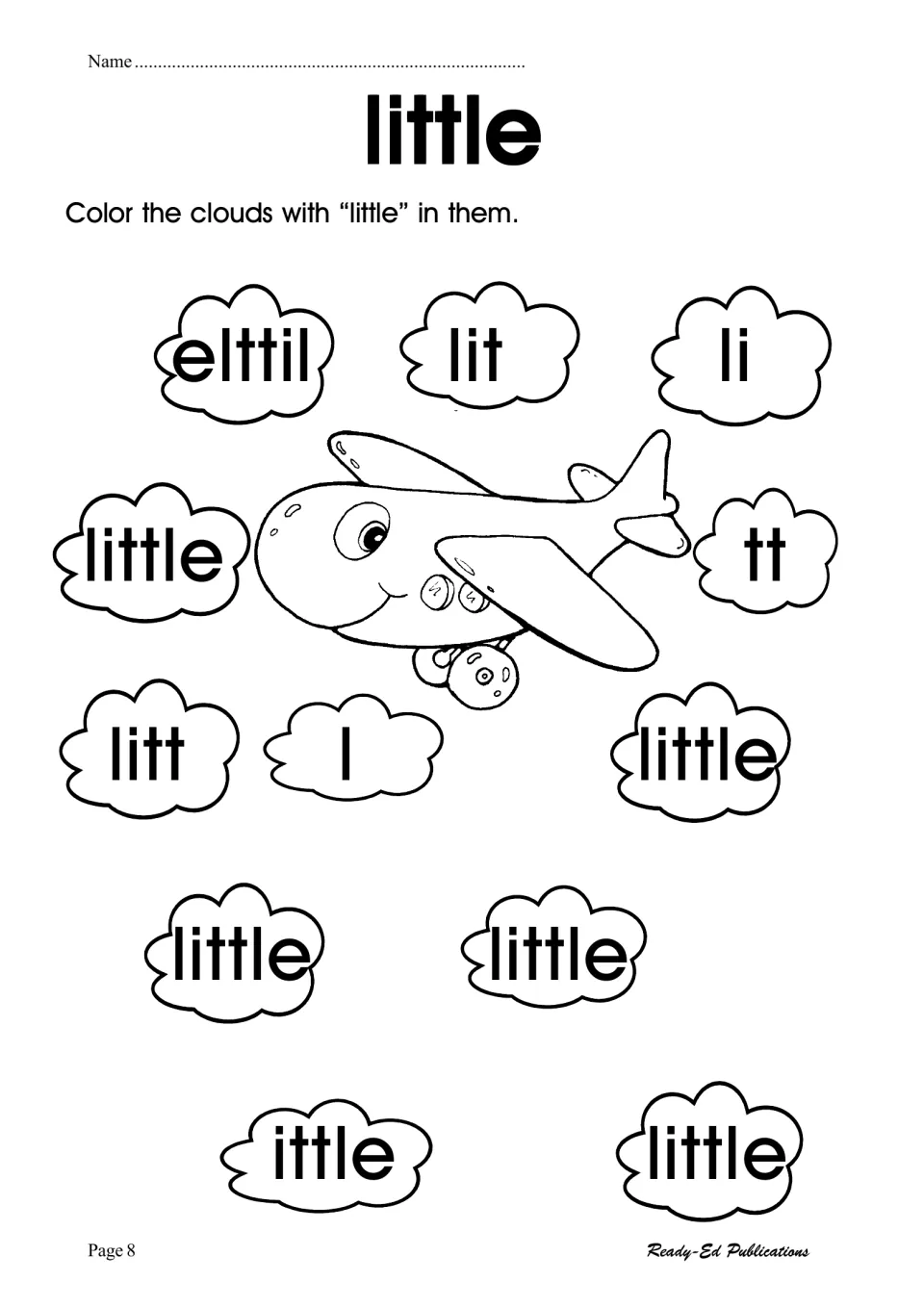 Sight word little: students color clouds spelling little, skipping partial or reversed forms like elttil, lit and ittle