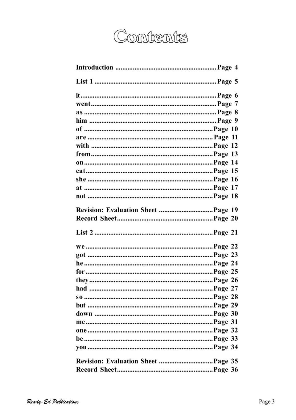 Contents listing List 1 and List 2 sight words, it to you, with revision evaluation and record sheets for each list