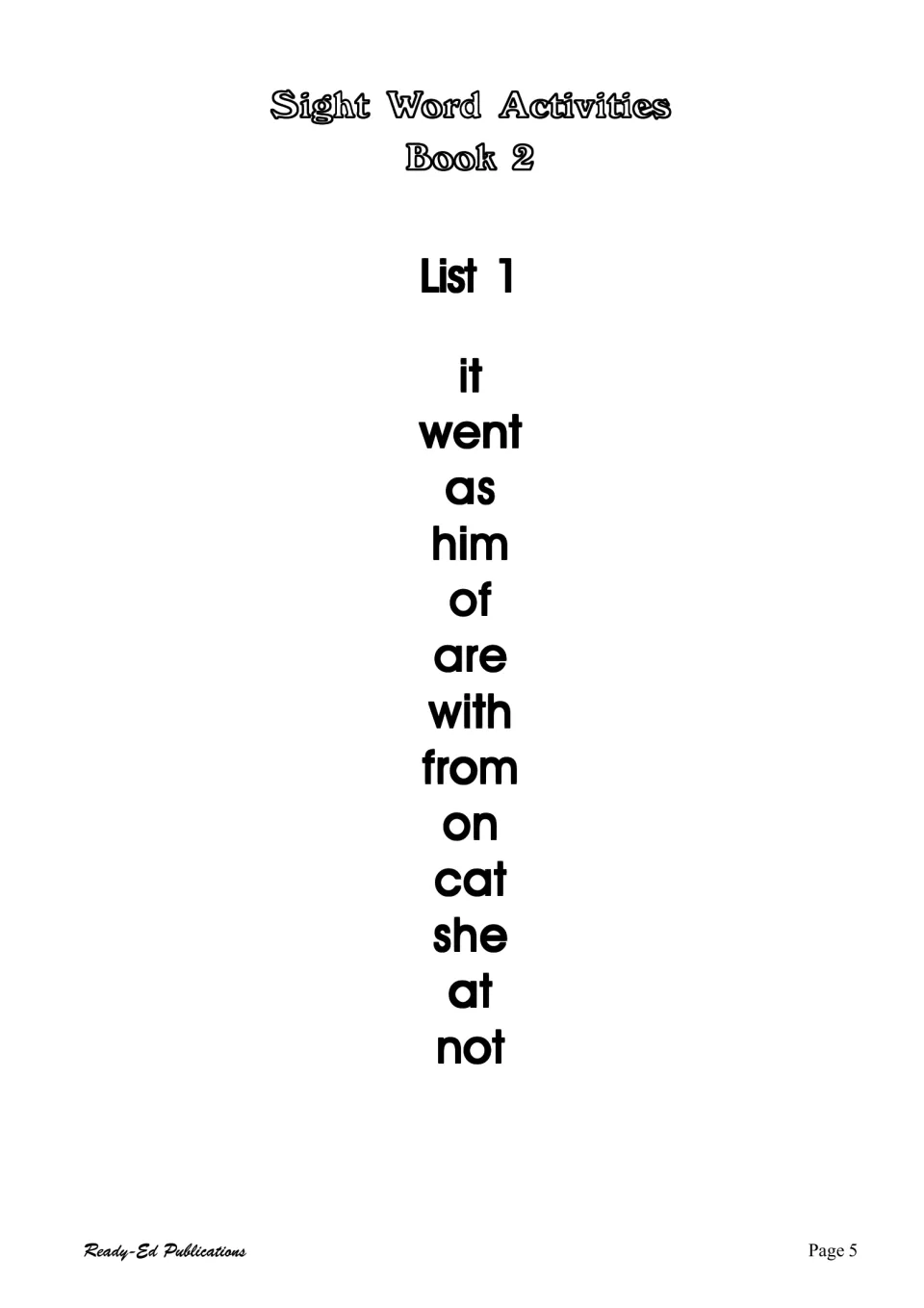 List 1 sight words: it, went, as, him, of, are, with, from, on, cat, she, at and not, shown large in one column