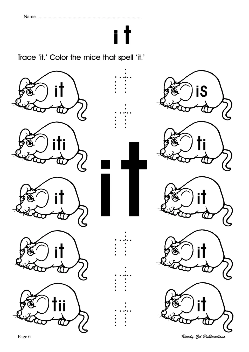 Sight word 'it': students trace dotted 'it' and color only the mice labeled 'it', skipping is, iti, ti and tii